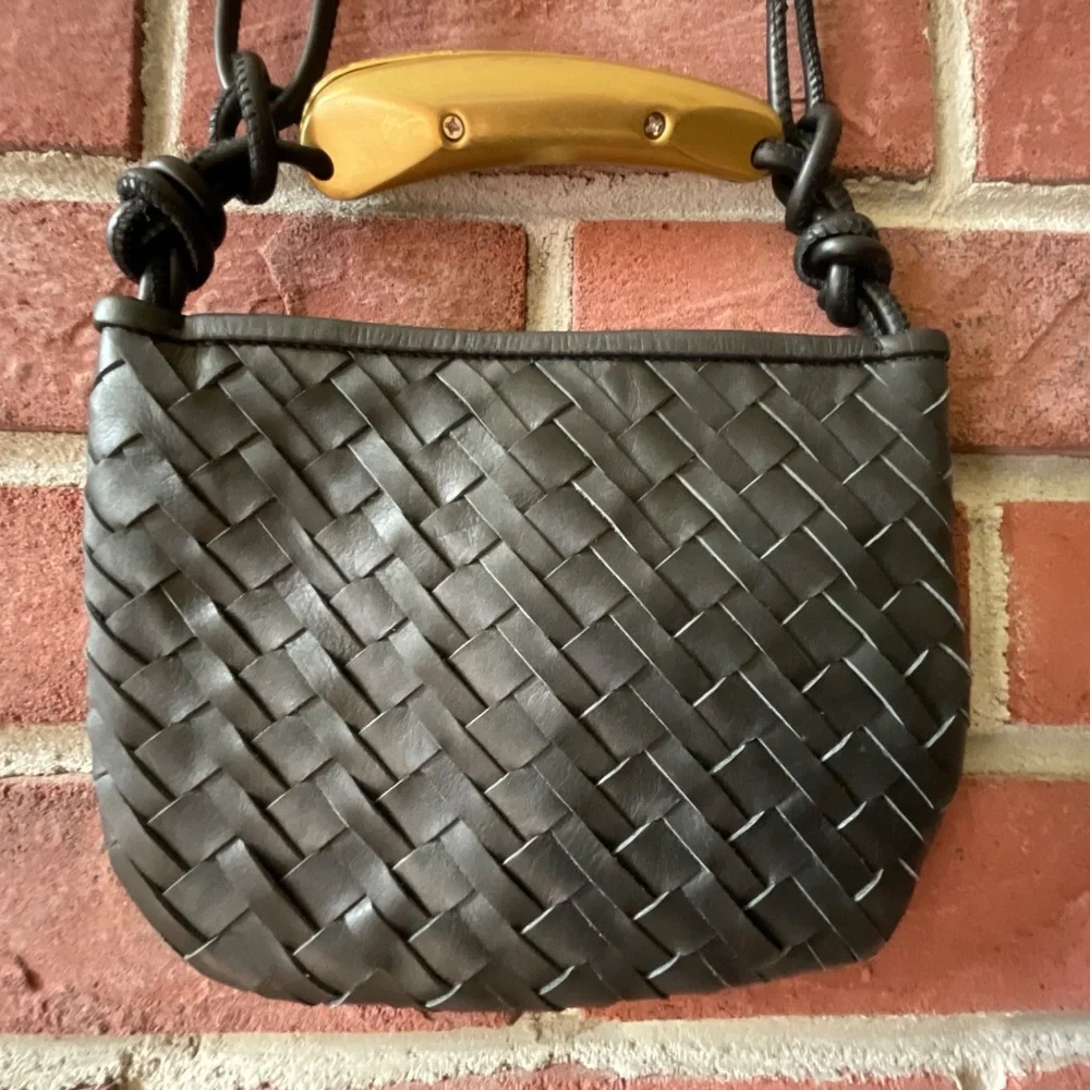 Walter Baker Hazel Black Woven Leather Crossbody Gold Handle Bag